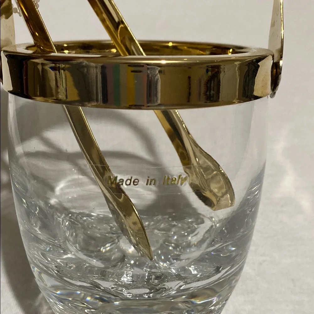 Small Crystal Ice Bucket  with Gold Color Metal Trim and  Ice Tong Made in Italy - Picture 8 of 10